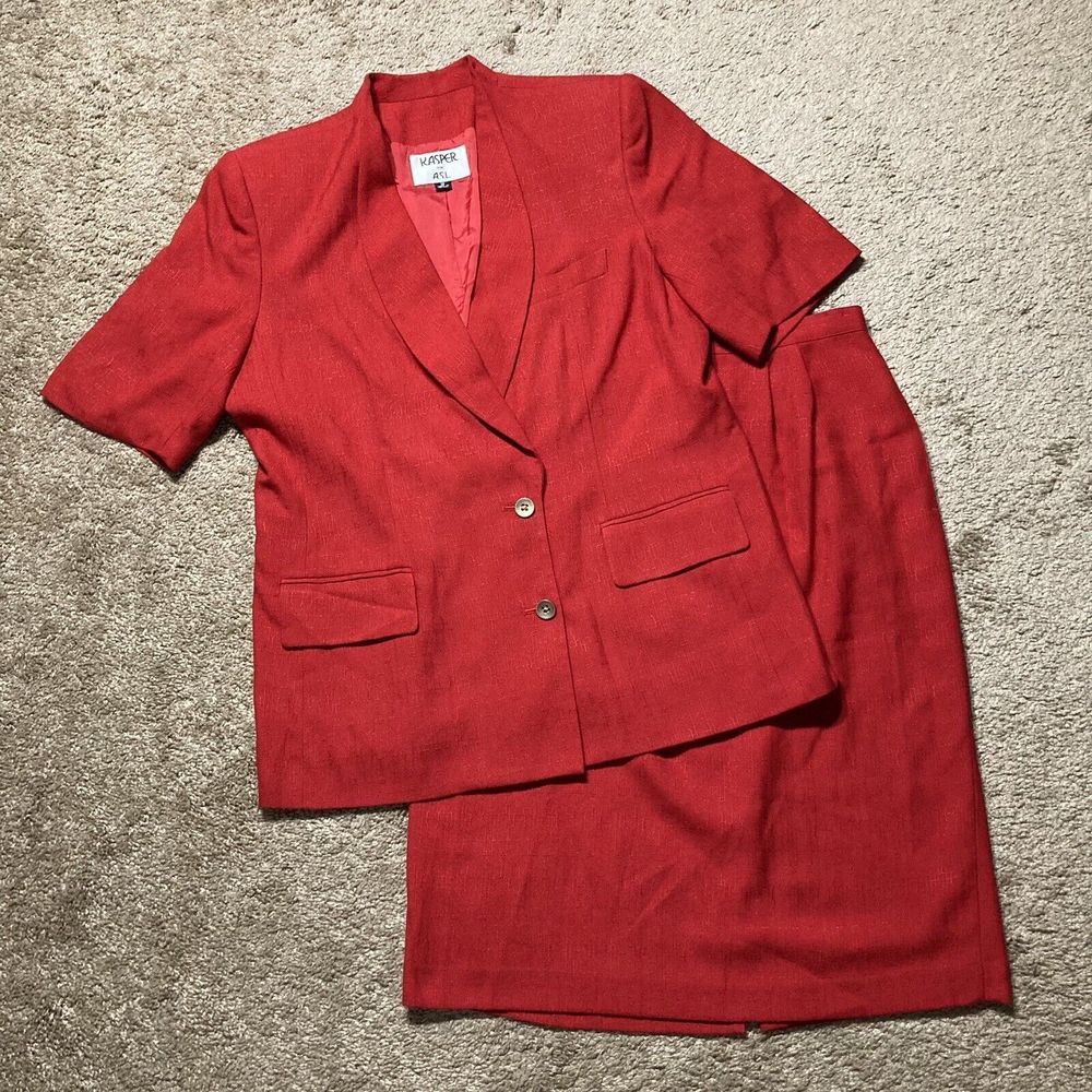 Kasper Red Skirt Suit Size 16 Set 2PC Career Church Business Shawl Short Sleeves